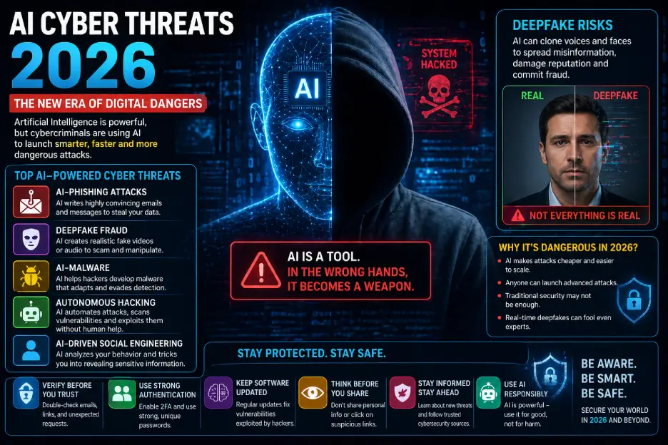 How to Stay Safe Online in 2026 (Most People Ignore These Risks) 5 AI-based cyber threats and deepfake risks