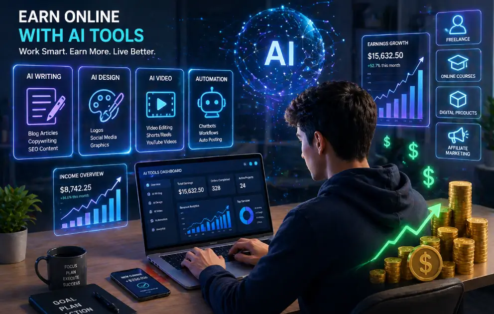 How to Earn Money Online Using AI Tools 3 Freelancing with AI tools for beginners working on laptop and earning money online