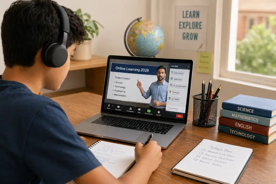 Education in 2026: How Digital Tools and AI Are Transforming Student Learning 3 Student attending an online class from home using laptop, headphones, and digital learning tools in 2026