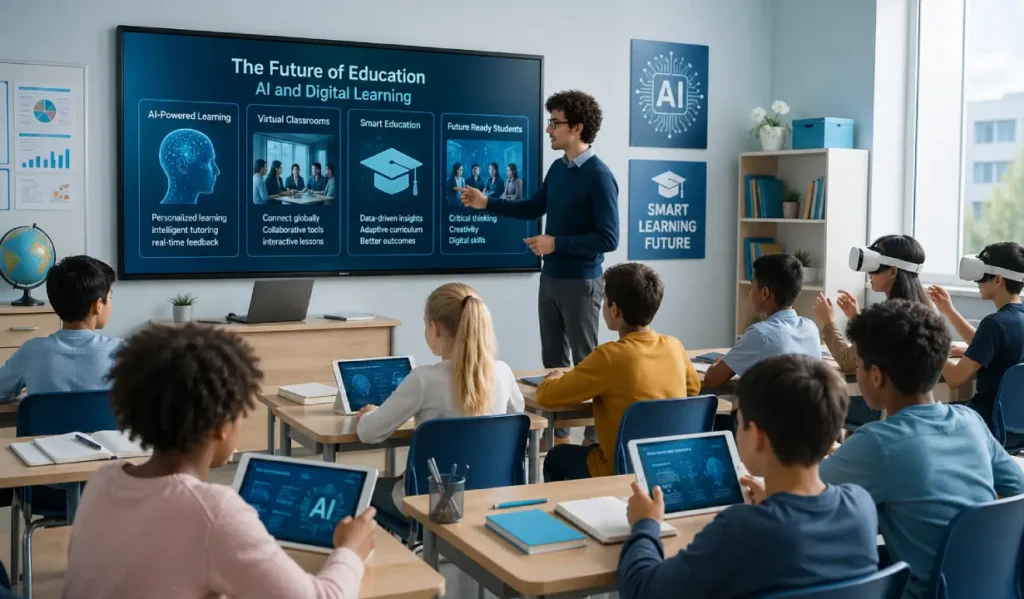 Futuristic education in 2026 showing AI-powered learning, digital classrooms, and smart education technology for students