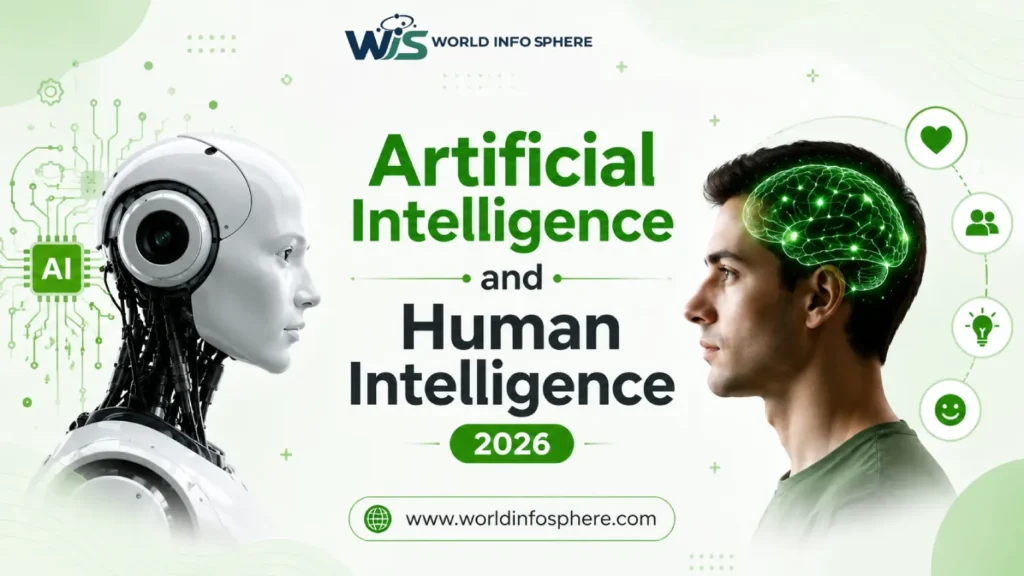 AI vs Human Intelligence comparison showing a human brain and artificial intelligence system, highlighting differences in learning, creativity, decision-making, and emotional intelligence.