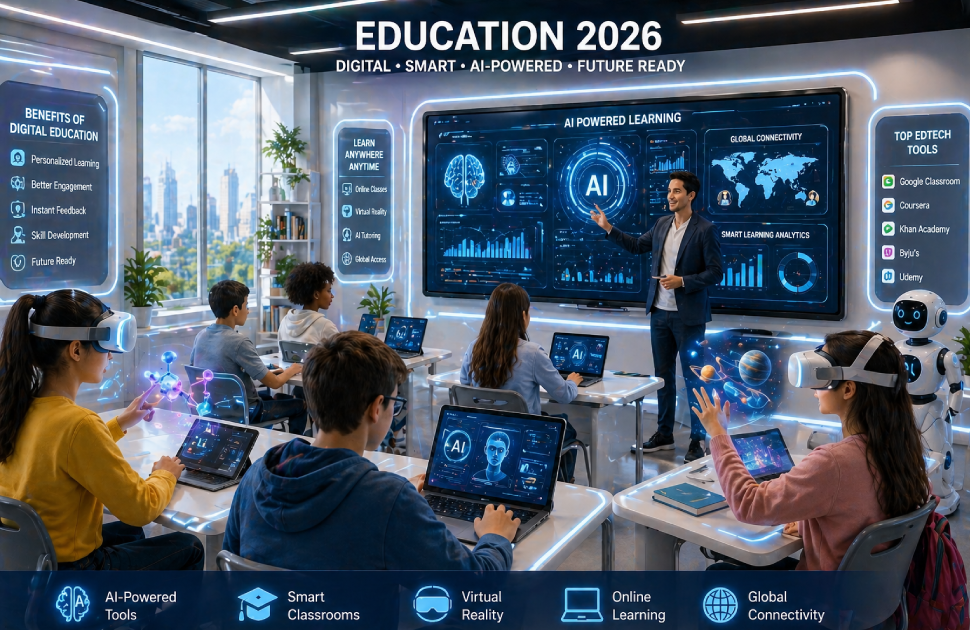 Students using AI and digital tools in a smart classroom in 2026