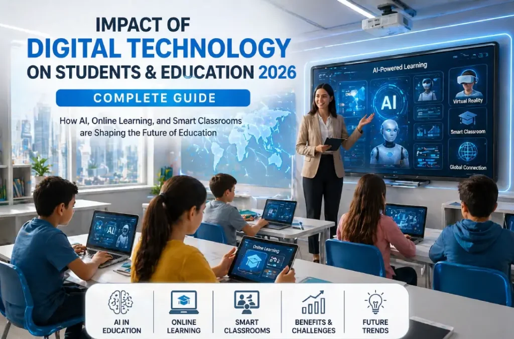 Students learning in a digital classroom using AI tools, smart boards, and laptops in 2026