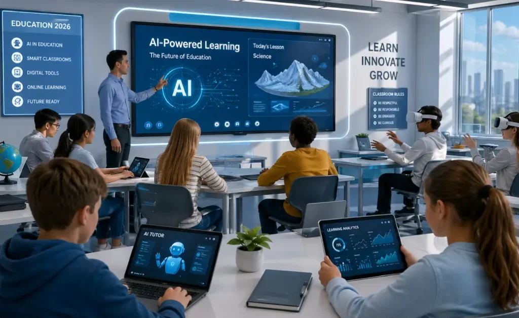 Students learning in 2026 using AI tools, digital platforms, and smart classroom technology in a modern education environment
