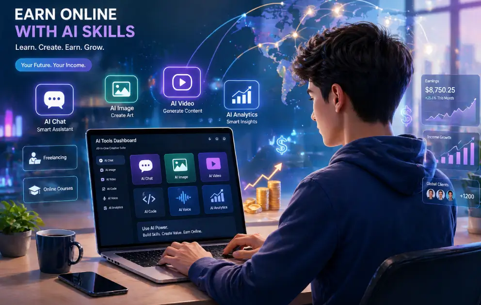 How to earn money online using AI tools in 2026 with laptop and AI technology concept