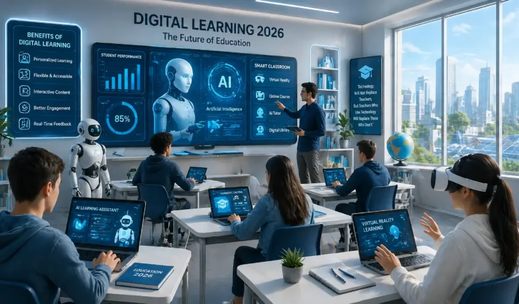 Students using AI tools and digital learning platforms in a futuristic 2026 classroom showing the future of education technology