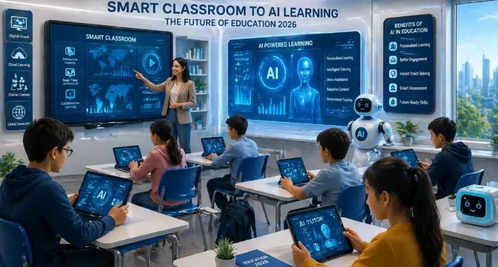 Smart classroom and AI learning in 2026 showing students using digital tools, AI systems, and modern education technology