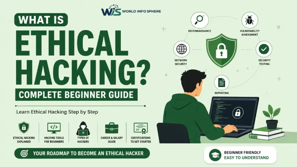 What Is Ethical Hacking? Complete Beginner Guide 2 Ethical hacking beginner guide showing cybersecurity concepts and an ethical hacker working on network security