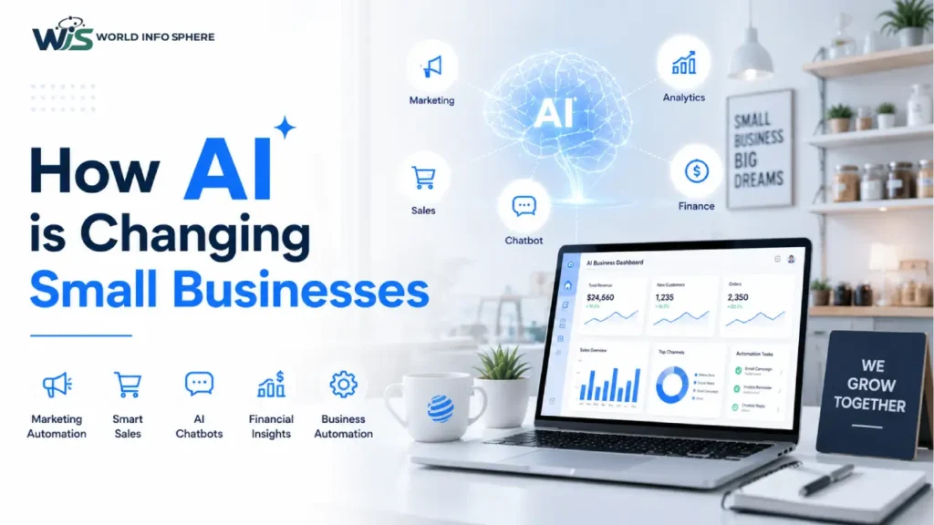 AI small business transformation showing automation marketing sales analytics and business growth with laptop and digital dashboard