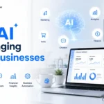 AI small business transformation showing automation marketing sales analytics and business growth with laptop and digital dashboard