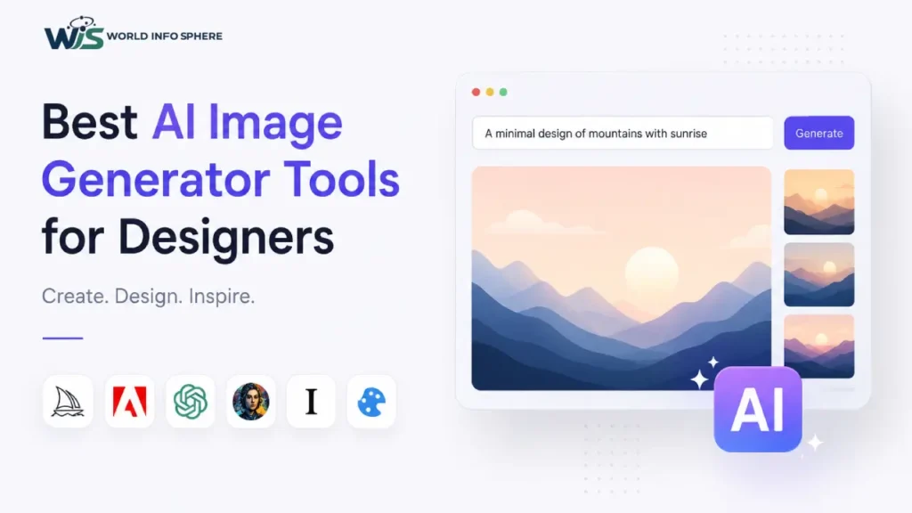 AI image generator tools for designers shown on a modern laptop with creative digital artwork and futuristic design elements representing Midjourney, Firefly, and ChatGPT Images.