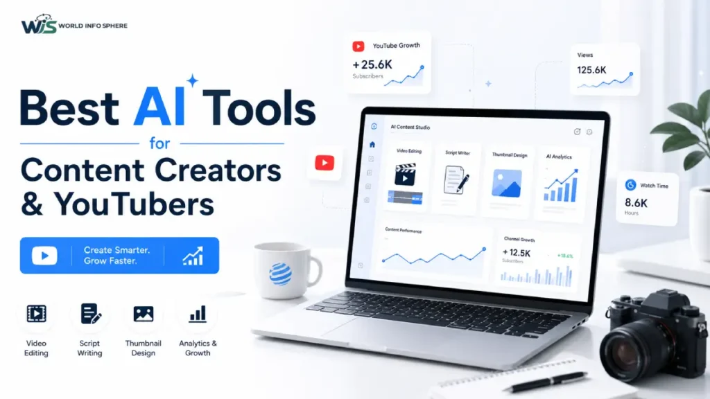 AI tools for content creators and YouTubers showing laptop with modern UI icons and clean blog design