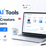 AI tools for content creators and YouTubers showing laptop with modern UI icons and clean blog design