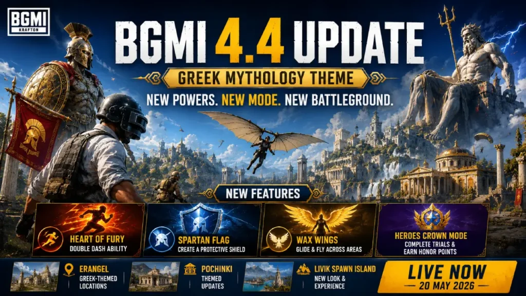 BGMI 4.4 update featured image showing Greek mythology theme, new powers, Heroes Crown mode, and map changes in Erangel and Livik.