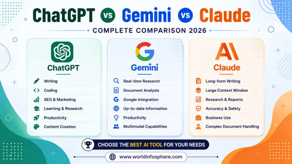ChatGPT vs Gemini vs Claude – Which AI Tool is the Best? 3 ChatGPT vs Gemini vs Claude complete AI comparison 2026 showing features, writing quality, coding capabilities, research tools, and productivity benefits