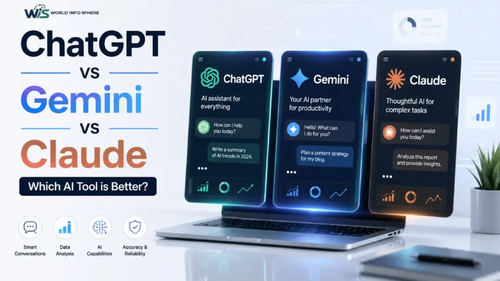 ChatGPT vs Gemini vs Claude AI comparison showing modern chatbot interfaces and futuristic technology design