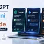 ChatGPT vs Gemini vs Claude AI comparison showing modern chatbot interfaces and futuristic technology design