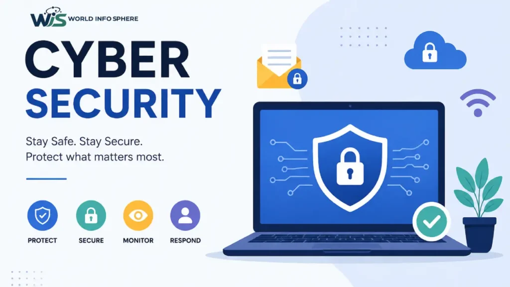 Cybersecurity: Definition, Types, Threats, Trends, and Best Practices 2 Modern cybersecurity illustration with laptop security shield, cloud protection, and digital safety icons representing cyber security trends and protection in 2026.