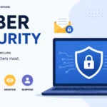Modern cybersecurity illustration with laptop security shield, cloud protection, and digital safety icons representing cyber security trends and protection in 2026.