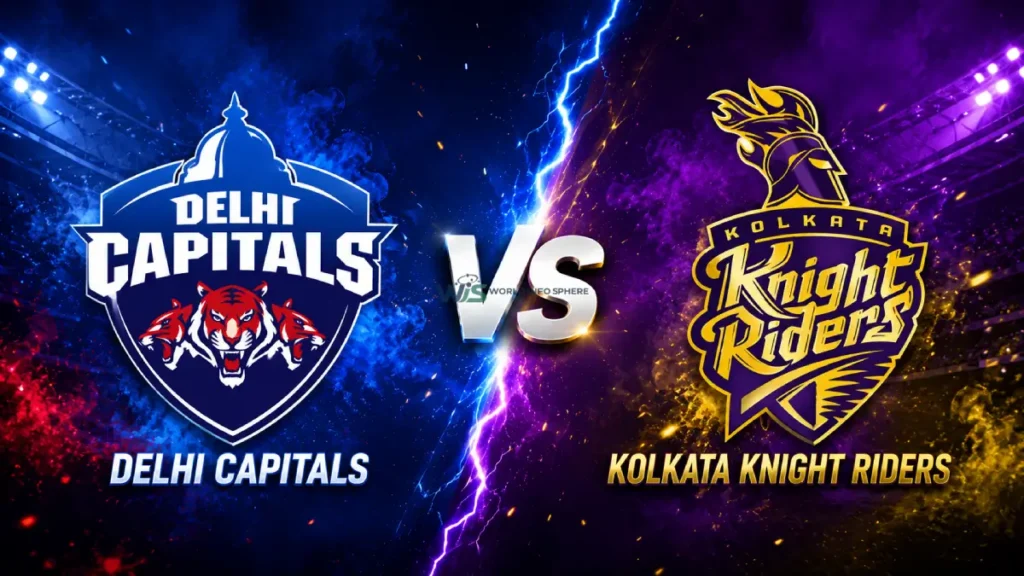 Delhi Capitals vs Kolkata Knight Riders IPL 2026 match poster with team logos and VS background.
