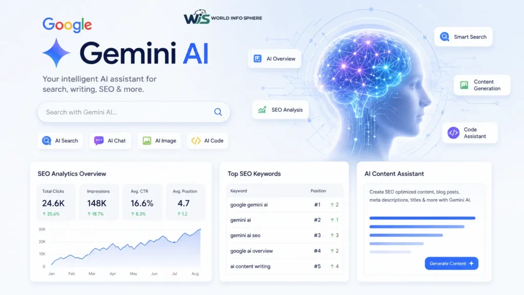 What is Google Gemini AI? Google's most powerful AI technology 2 Google Gemini AI dashboard with SEO analytics, AI search tools, content assistant and futuristic artificial intelligence interface
