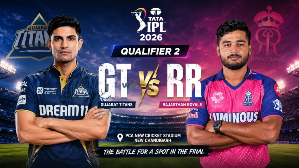 GT vs RR Qualifier 2 IPL 2026 Shubman Gill vs Riyan Parag Match Poster