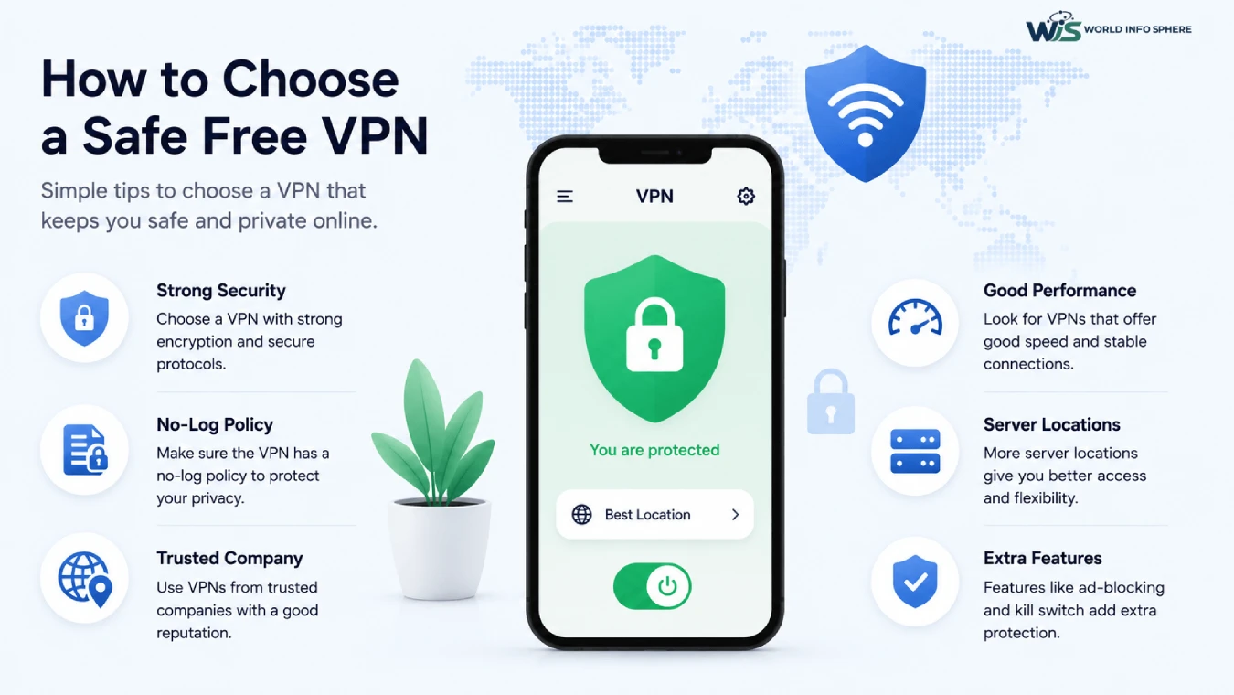 Best Free VPNs for Safe Browsing in 2026 3 Minimal 16:9 illustration showing how to choose a safe free VPN for mobile privacy and secure browsing