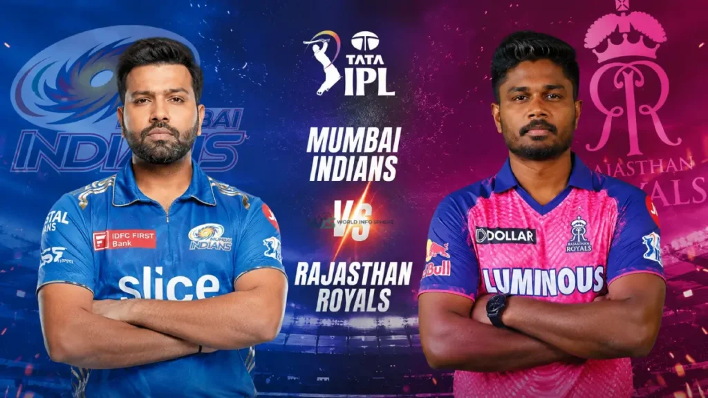 Mumbai Indians vs Rajasthan Royals IPL 2026: Match Result 2 Mumbai Indians vs Rajasthan Royals IPL 2026 match poster with players and stadium background.