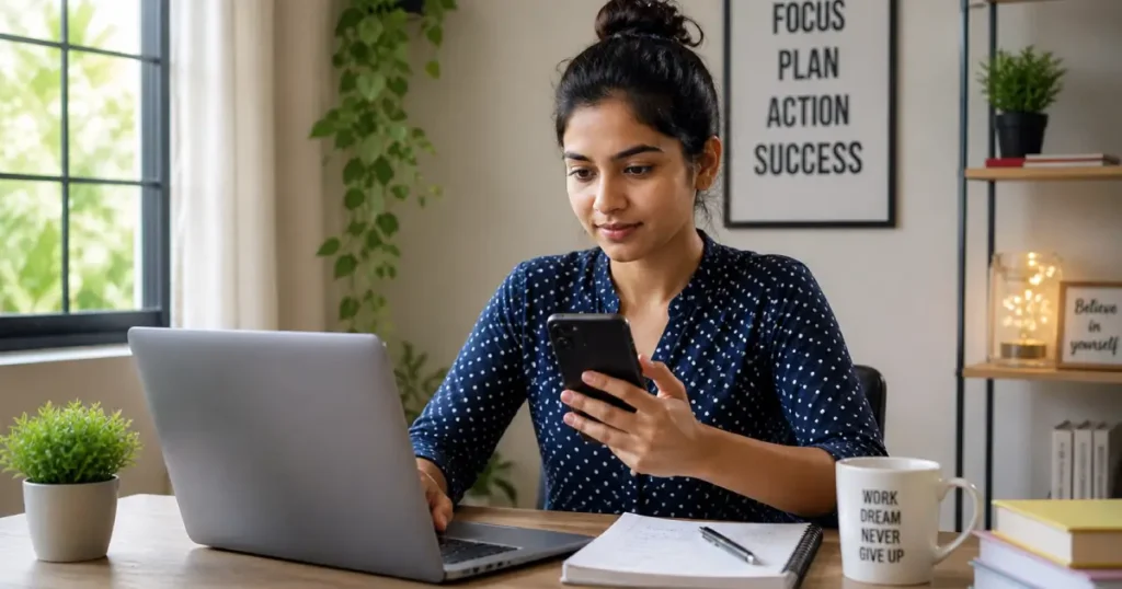 Freelancer Working from Home Using Mobile and Laptop – Real Life Setup