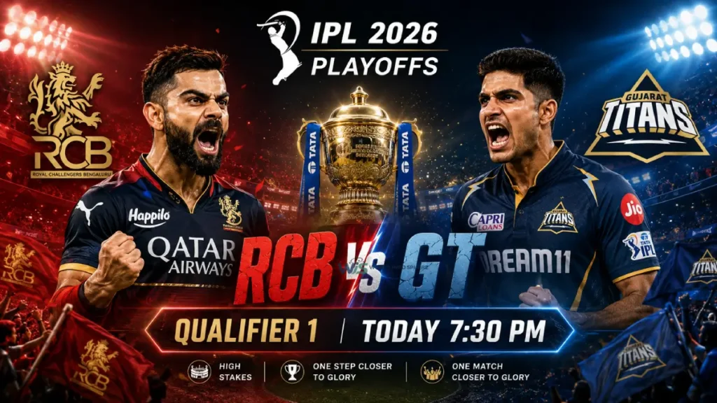 RCB vs GT IPL 2026 Qualifier 1 Result – Full Match Recap, Highlights & Scorecard 2 RCB vs GT IPL 2026 Qualifier 1 match banner featuring Royal Challengers Bengaluru and Gujarat Titans in a night stadium with IPL trophy and bold match timing text