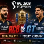 RCB vs GT IPL 2026 Qualifier 1 match banner featuring Royal Challengers Bengaluru and Gujarat Titans in a night stadium with IPL trophy and bold match timing text