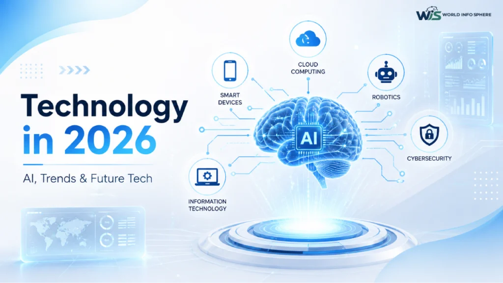 Technology in 2026 featured image showing AI brain, digital network connections, cloud computing, robotics and cybersecurity icons in a light modern design