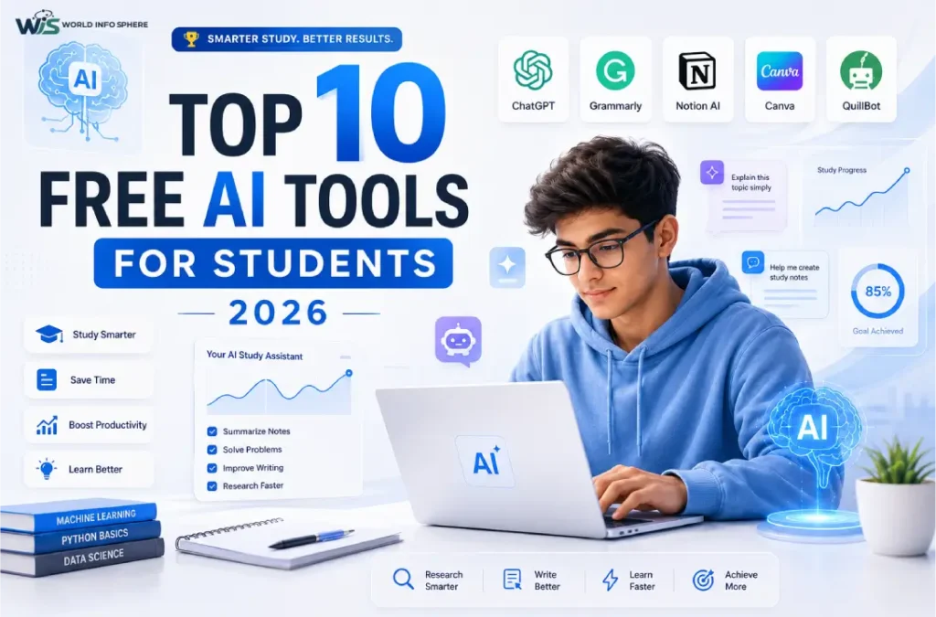 Top free AI tools for students in 2026 showing futuristic study concept with AI laptop, digital learning icons and smart education technology