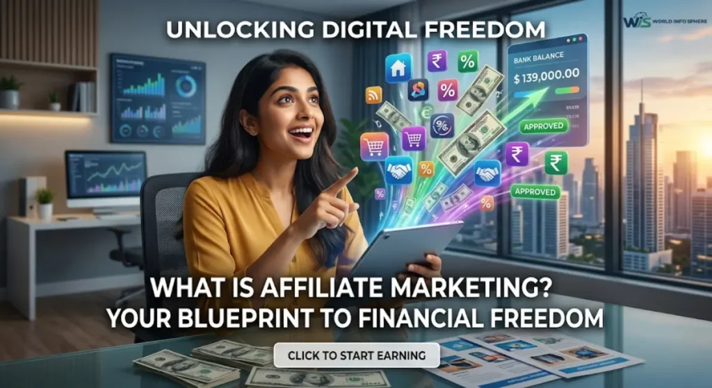 An amazing Indian woman seated at a desk points to a stream of digital icons and currency flowing from her tablet, illustrating what is affiliate marketing and how to earn commission.