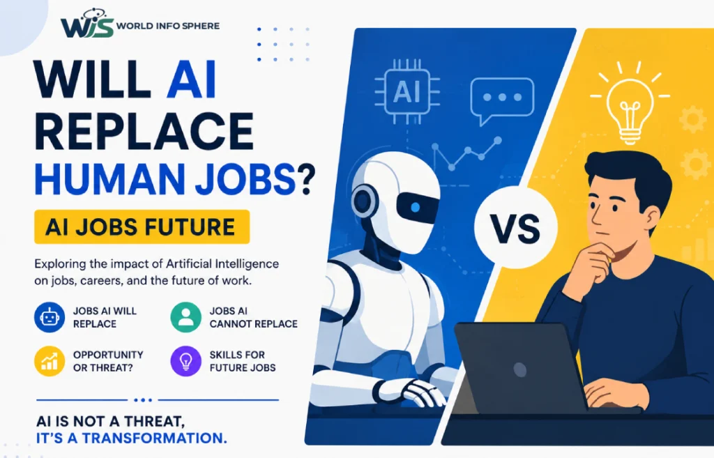 Will AI Replace Human Jobs futuristic AI and human workforce illustration