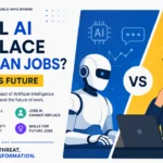 Will AI Replace Human Jobs futuristic AI and human workforce illustration