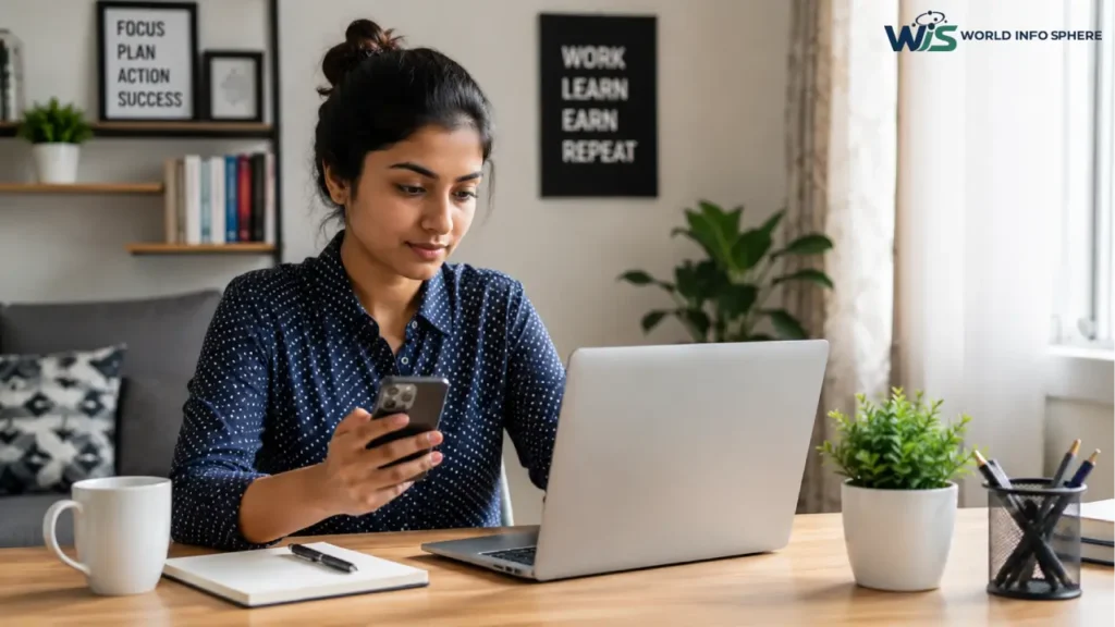 A young freelancer managing online work from home using a laptop and smartphone in a modern minimal workspace.