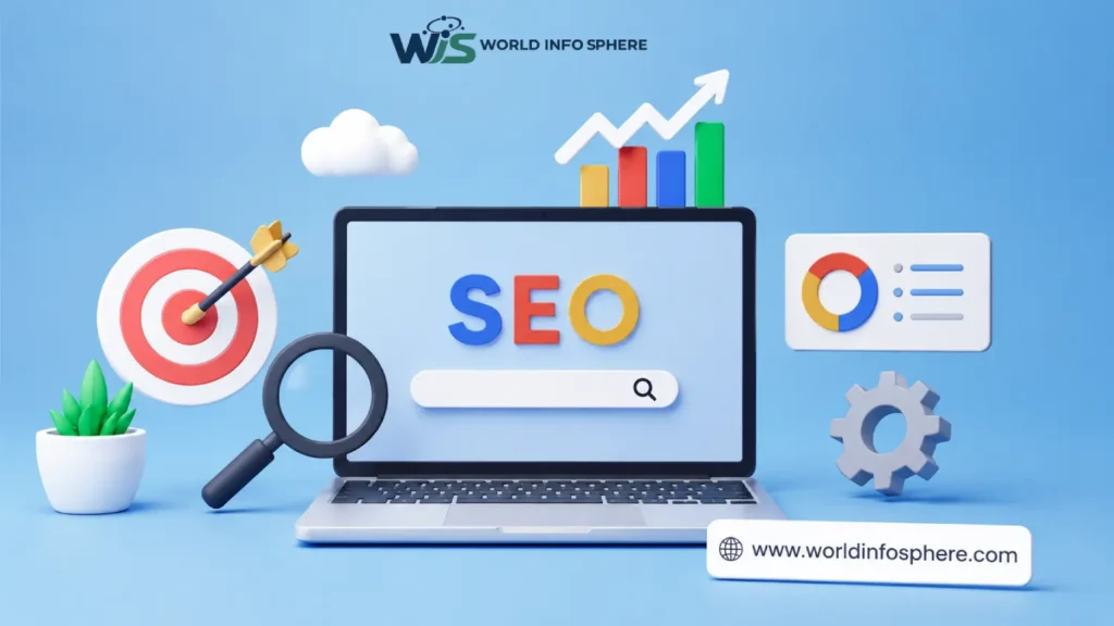 What Is SEO? 10 Powerful Benefits and Beginner's Guide for 2026 4 How SEO works infographic showing keyword research, on-page SEO, technical SEO, content creation, link building, analytics, and organic traffic growth