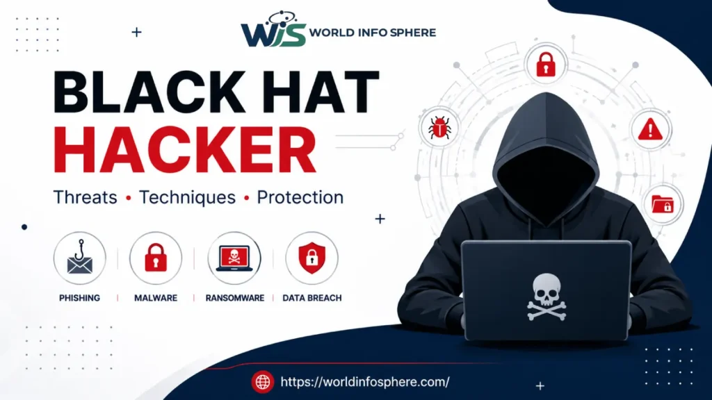 What Is a Black Hat Hacker? Meaning, Methods, Risks, and Real-World Examples 2 Black Hat Hacker performing a cyber attack on a computer network with cybersecurity threat visualization