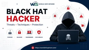 Black Hat Hacker performing a cyber attack on a computer network with cybersecurity threat visualization