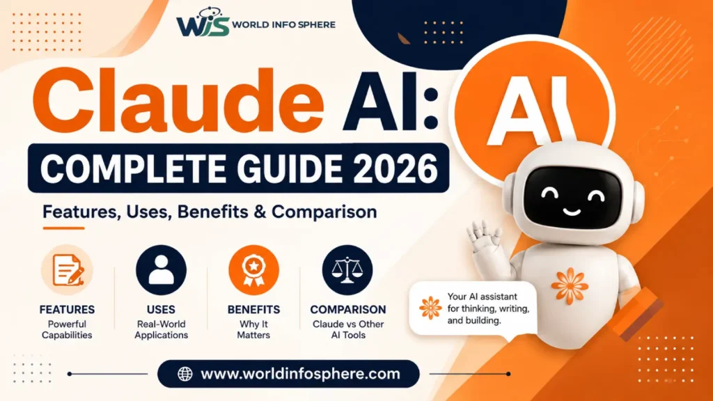 Claude AI: Complete Guide 2026 – Features, Uses, Benefits & Comparison 1 Claude AI complete guide 2026 infographic showing features, uses, benefits, comparison, and real-world applications of Claude AI.