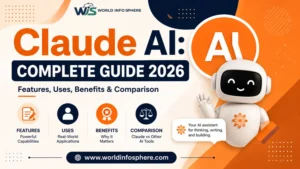 Claude AI complete guide 2026 infographic showing features, uses, benefits, comparison, and real-world applications of Claude AI.
