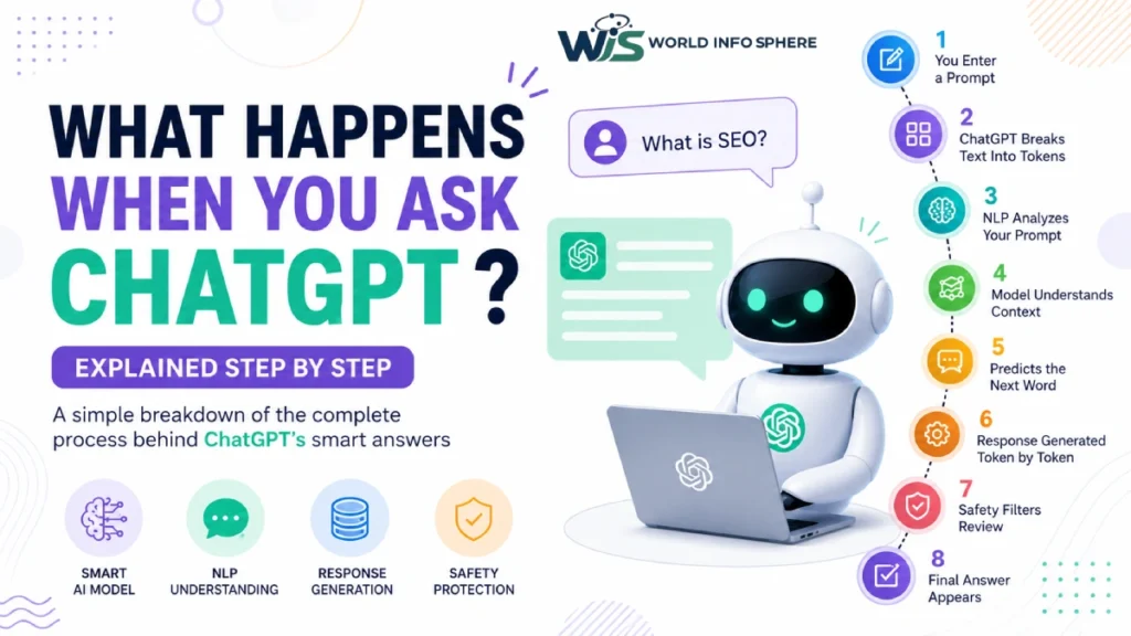 What happens when you ask ChatGPT a question explained step by step showing prompt processing, tokenization, NLP analysis, context understanding, response generation, and AI chatbot workflow