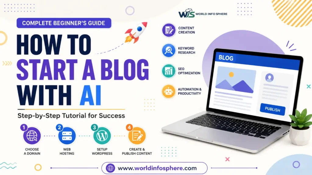 How to Start a Blog with AI tutorial showing AI-powered blogging, content creation, SEO optimization, WordPress setup, keyword research, and online blogging success.