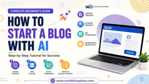 How to Start a Blog with AI tutorial showing AI-powered blogging, content creation, SEO optimization, WordPress setup, keyword research, and online blogging success.