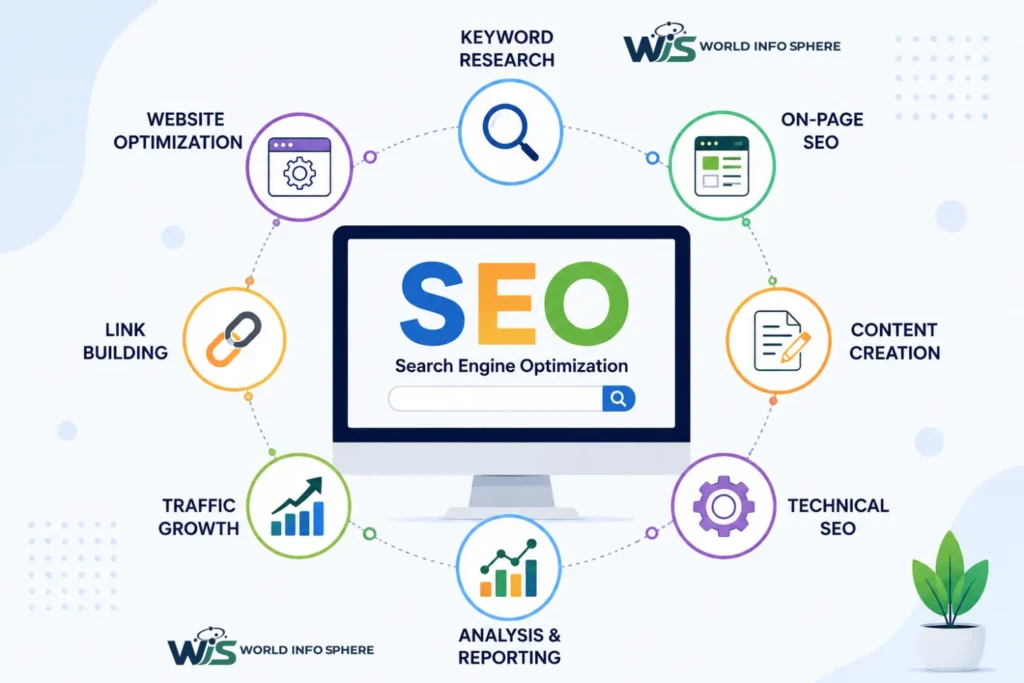 What Is SEO? 10 Powerful Benefits and Beginner's Guide for 2026 3 SEO process infographic showing keyword research, on-page SEO, content creation, technical SEO, link building, and organic traffic growth